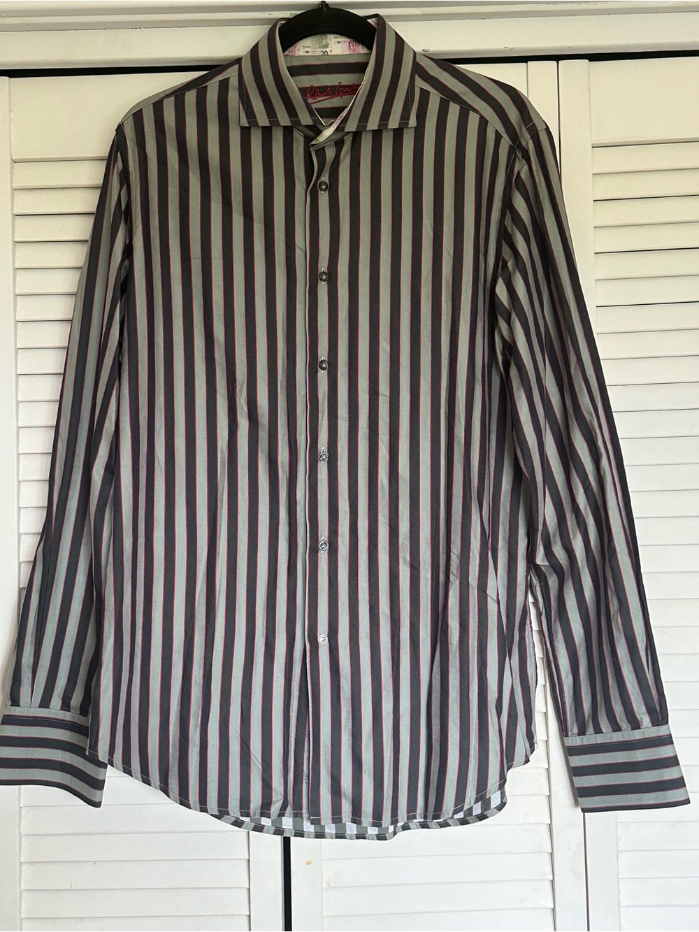 Robert Graham Vertical Stripe Dress Shirt — Black & Gray with Maroon Accents